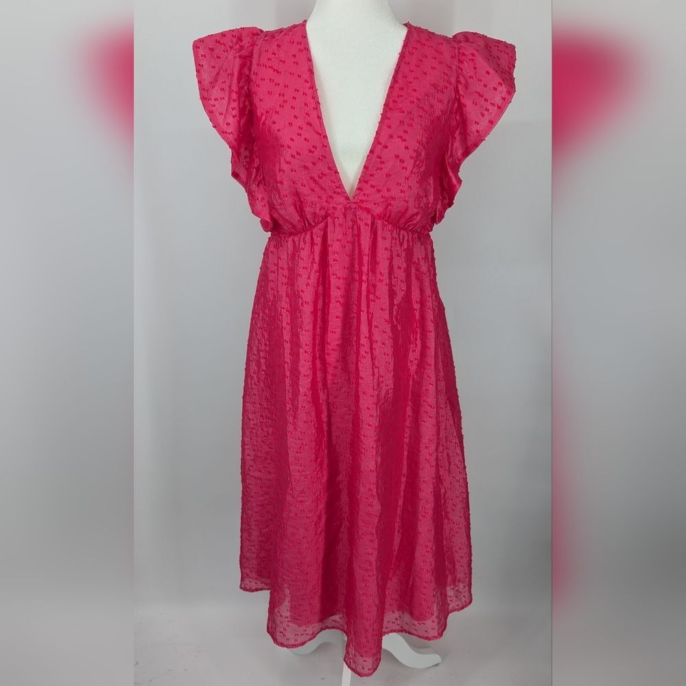 Chelsea28 Hot Pink Ruffle Cap Sleeve Deep V-Neck Organza Midi Dress Medium - Picture 2 of 8